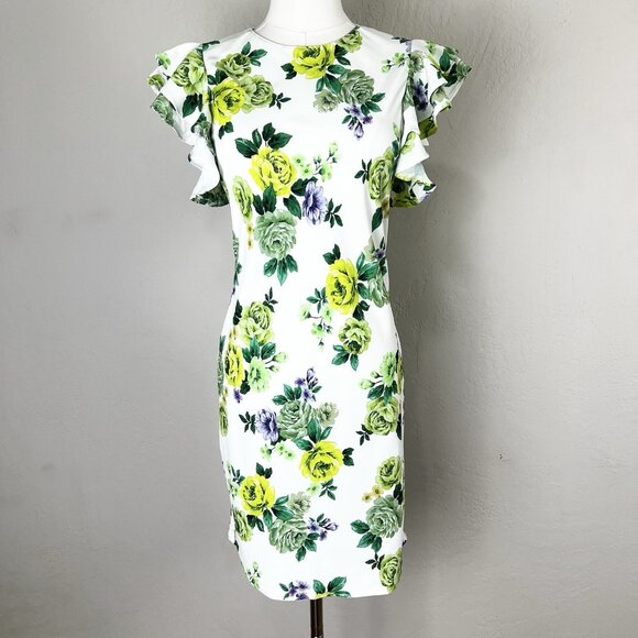 Amanda‎ Uprichard Dress White Green Floral Size Small Fiori Mini Ruffle Sleeve - Picture 1 of 10